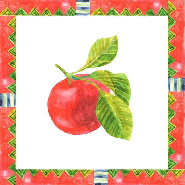 赤いリンゴと水彩の正方形のフレーム 孤立した白い背景に装飾的な民族の動機 坊型図 ロイヤリティフリーのストック写真