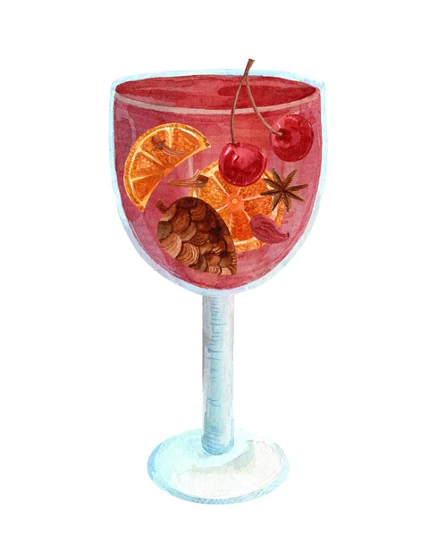 白を基調とした水彩ガラス色のワイングラス 休日のカードのためのガラスの果物とチェリードリンク クリスマス モルドワイン — ストック写真