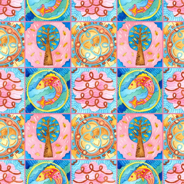 Padrão Sem Costura Aquarela Azulejos Coloridos Motivos Naturais Ilustração Mosaico Fotografia De Stock