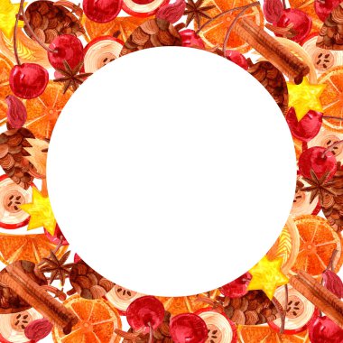 Bir kare çerçevenin suluboya çizimi ve daire içinde metin için yer. Bayram kartı için meyve, koni ve yıldızların resmi ve tebrikler. Noel sancağı