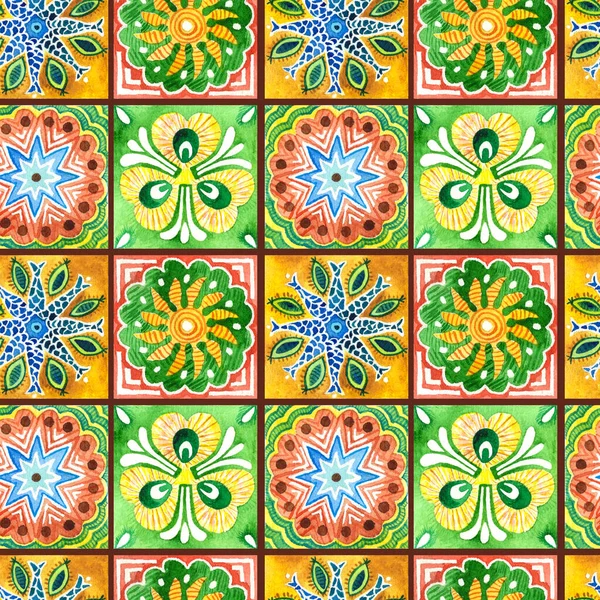 Patrón Sin Costuras Acuarela Azulejos Colores Motivos Florales Ilustración Mosaico — Foto de Stock