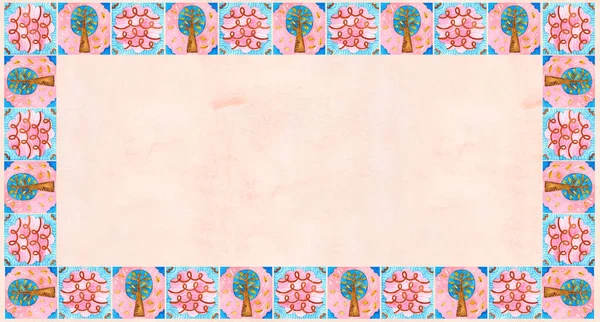 Patrón Acuarela Azulejos Colores Motivos Naturales Marco Mosaico Cuadrado Ilustración — Foto de Stock