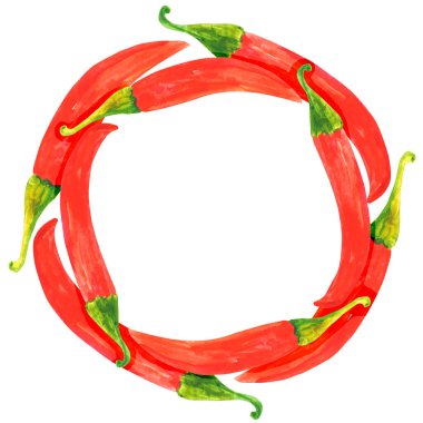 Sıcak kırmızı biber suluboya yuvarlak çerçeve, sebzeli sebze çizimi kartpostal veya pankart için