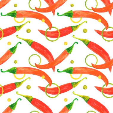 Kırmızı biberin dikişsiz suluboya deseni, kağıt ya da kumaşa basmak için vejetaryen gıdanın sebze çizimi