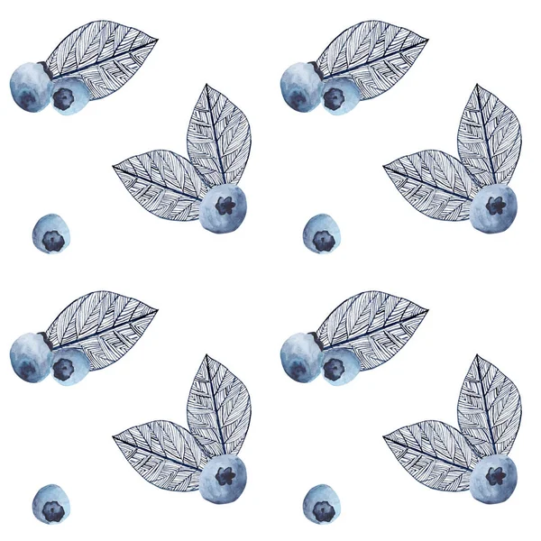 青い森の果実と葉と水彩シームレスパターン 白い背景にブルーベリーと装飾的な葉の一握り 包装紙や布のための自然食品イラスト ストック写真