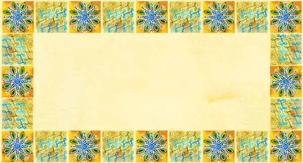 Padrão Aquarela Azulejos Coloridos Motivos Naturais Moldura Mosaico Quadrado Ilustração Fotografias De Stock Royalty-Free