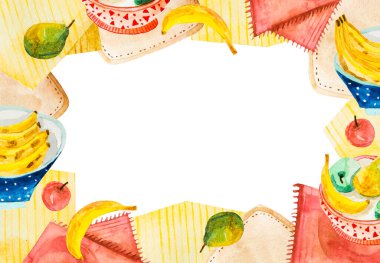 Suluboya vejetaryen bayrağı, metin için yeri olan kart. Tabakta meyve, muz, piknik masasında armut.