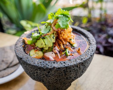 Lezzetli Meksika gua chile rojo karides, kalamar, ahtapot ve istiridye ile hazırlanmış kırmızı biber ve avokado ile Molcajete üzerine yerleştirilmiş..