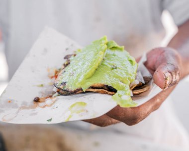 Geleneksel Tijuana stili carne asada taco, avokado, soğan, kişniş ve salsa sosu.