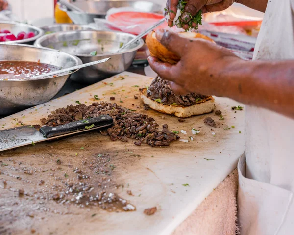 Taquero Preparing Delicious Mexican Style Carne Asada Torta Avocado Onion — Stock Photo, Image
