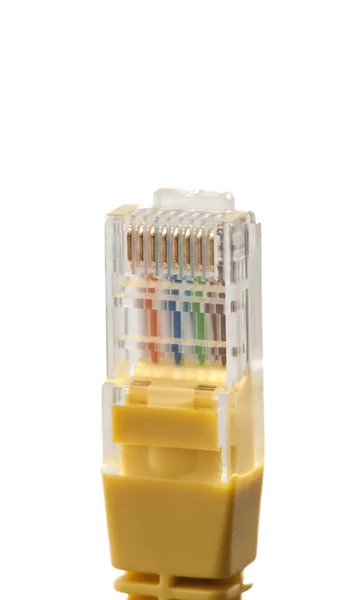 Yellow network cable with RJ45 connector on white background — Stock Image Yellow network cable with RJ45 connector on white background Stock Photo