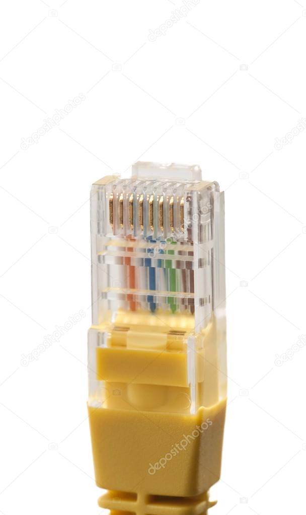 Yellow network cable with RJ45 connector on white background