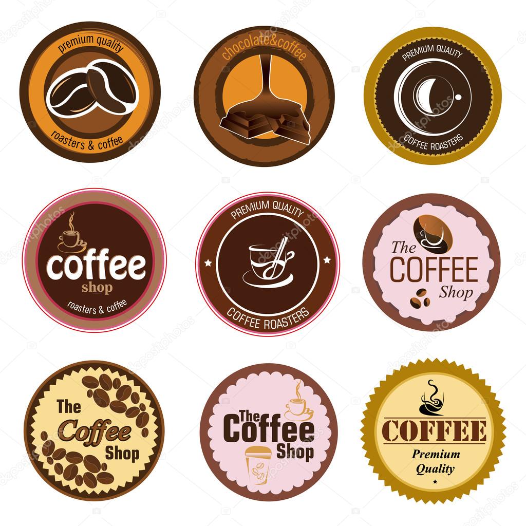 Nine coffee stickers with coffee icons
