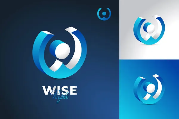 3D人物标志设计 初始字母W和O为蓝色和白色 Wo或Ow单字标识或符号 — 图库矢量图片