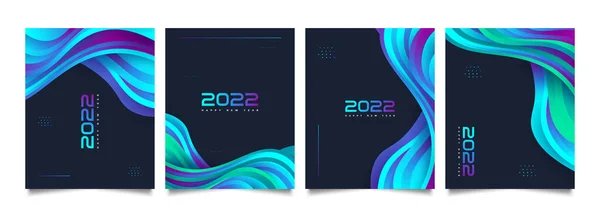 Happy New Year 2022 Poster Set Colorful Wave Background Design — 스톡 벡터