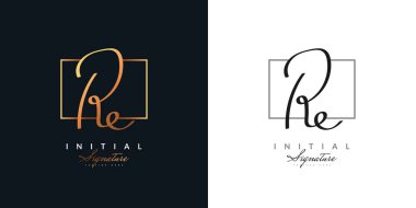RE Zarif Baş Logo Tasarımı Altın Gradyan El Yazısı Biçimi. RE İmza Logosu veya Düğün, Moda, Mücevher, Butik, Botanik, Çiçek ve İş Kimliği Sembolü