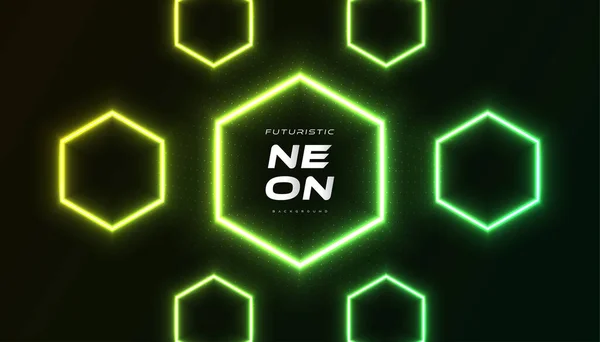 Koyu Arkaplanda Parlayan Hexagon Neon Şekilleri Yeşil Yarıton Biçimli Modern — Stok Vektör