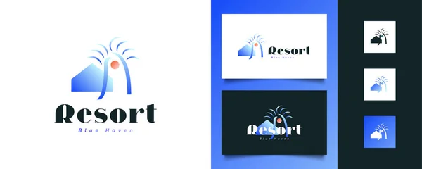 Modern Minimalist Resort Logo Design Illustration Blue House Palm Trees — Stock Vector