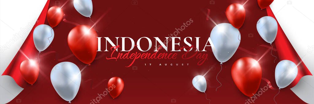 Happy Indonesia Independence Day. Indonesia Independence Day Background in Paper Style with Balloons, Usable for Banner, Poster and Greeting Card