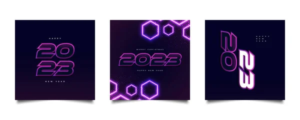 Набор Плакатов Новым 2023 Годом Футуристическим Эффектом Красочным Неоновым Эффектом — стоковый вектор