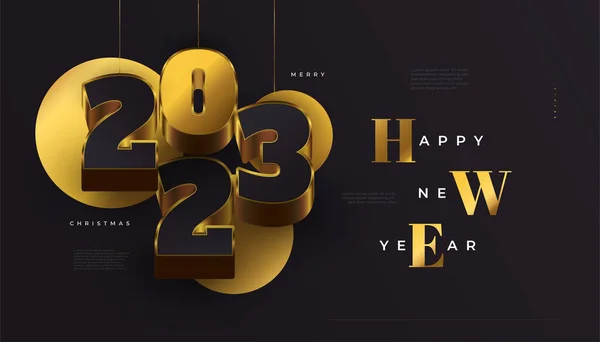 2023年新年快乐横幅与挂3D黑色和金色数字隔离的黑色背景 2023年旗帜 海报或贺卡新年设计 — 图库矢量图片