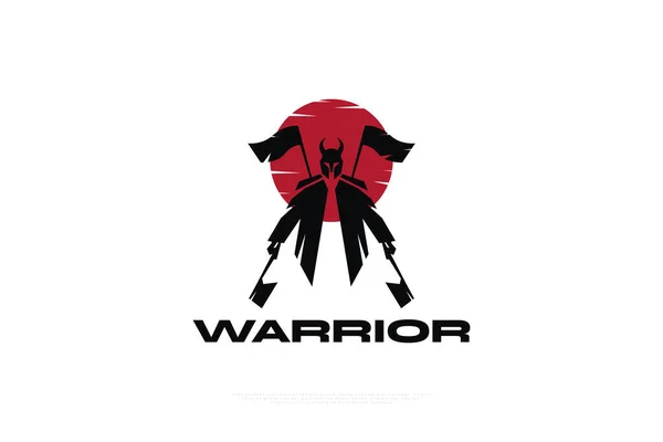 Воїн Ілюструє Двома Сокирами Руках Двома Прапорами Спині Knight Logo — стоковий вектор