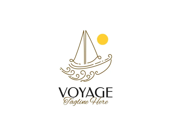 シンプルかつミニマリズム月と星と帆船のロゴデザイン ラインスタイルとセーリングボートのロゴイラスト — ストックベクタ
