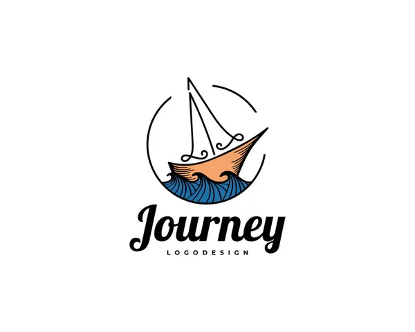 ラインアートスタイルとヴィンテージ帆船のロゴデザイン ロゴビジネスアイデンティティのための青波イラストと帆船 — ストックベクタ