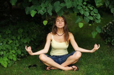 Güzel genç kadın rahatlatıcı yoga poz parkında