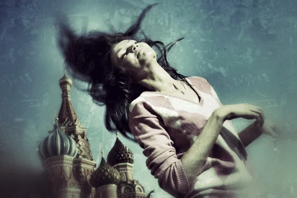 Woman on vintage grunge background at Red Square — Stock Photo, Image