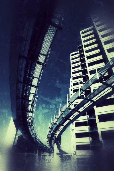 Futuristické jednokolejný most kolem mrakodrapů — Stock fotografie