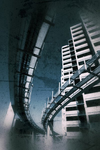 Futuristic monorail bridge around skyscrapers over vintage grunge texture background.