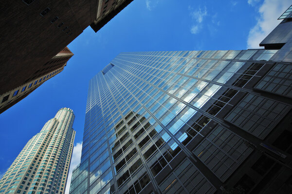 Wide angle perspective of office buildings in downtown Los Angeles, California.