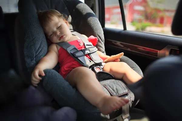 Barn sover i bilen Stockbild