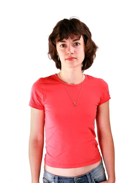 Giovane donna in t-shirt rossa — Foto Stock