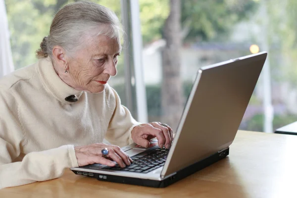 Äldre dam med laptop. — Stockfoto
