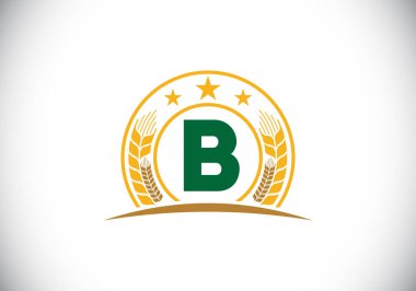 Buğday, arpa ya da çavdar ile birleştirilmiş ilk B monogram alfabe sembolü tasarımı. Tarım logosu konsepti. Yazı tipi amblemi. Tarım sektörü ve şirket kimliği logosu