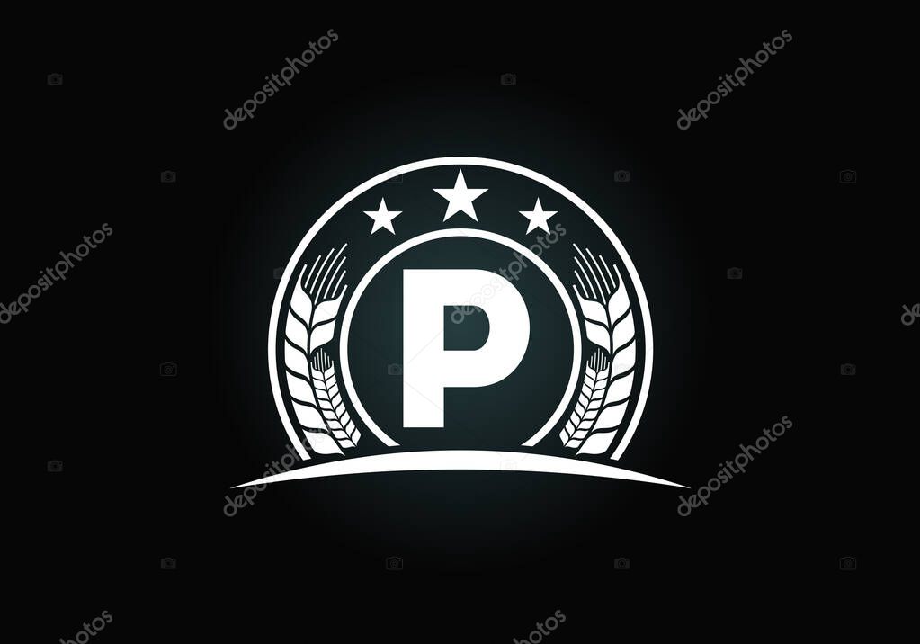 Initial P monogram alphabet symbol design incorporated with Wheat, barley, or rye. Agriculture logo concept. Font emblem. Logo for agriculture business and company identity