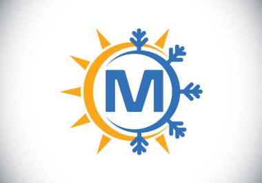 Soyut güneş ve kar içeren M harfli alfabe. Klima logosu sembolü. Sıcak ve soğuk sembol. Koşullandırma işi ve şirket kimliği için modern vektör logosu