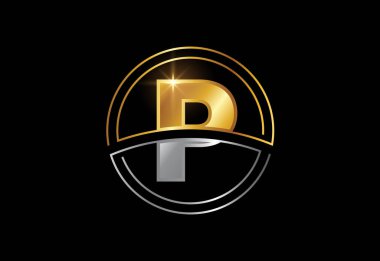 Çember çerçeveli P harfi. Şirket kimlikleri için altın ve gümüş rengi alfabe sembolü