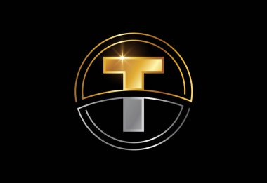 Çember çerçeveli T harfi. Şirket kimlikleri için altın ve gümüş rengi alfabe sembolü