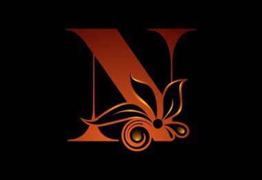 Çiçeksel monogram harfi N. Botanik elementli ilk harf. Vektör illüstrasyonu