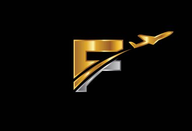 F harfi ve uçak logosu tasarımı. Havayolu, uçak, havacılık, seyahat logosu şablonu.