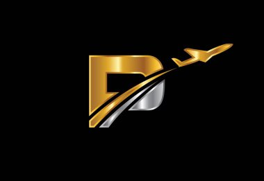 P harfi ve uçak logosu tasarımı. Havayolu, uçak, havacılık, seyahat logosu şablonu.