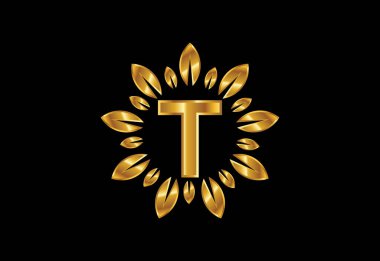 İlk T harfli alfabede altın yapraklı çelenk. Çiçek logosu tasarımı konsepti.