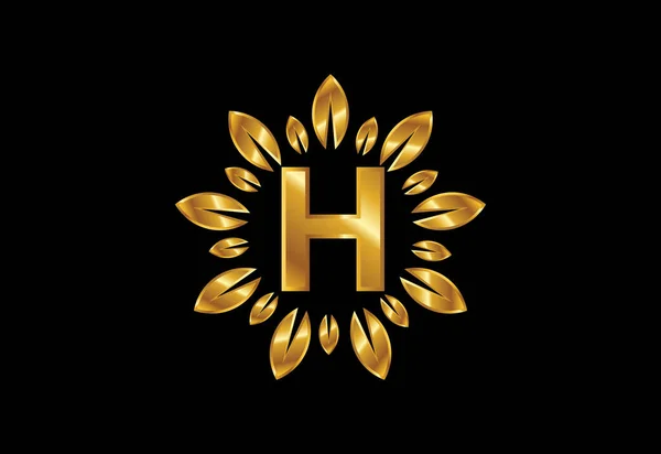 Initial Monogram Letter Alphabet Golden Leaf Wreath Flower Logo Design — Stock Vector
