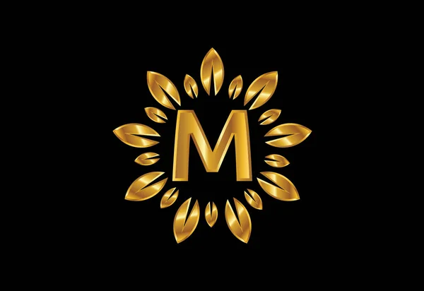 黄金の葉の花輪を持つ最初のMモノグラム文字アルファベット 花のロゴデザインコンセプト — ストックベクタ