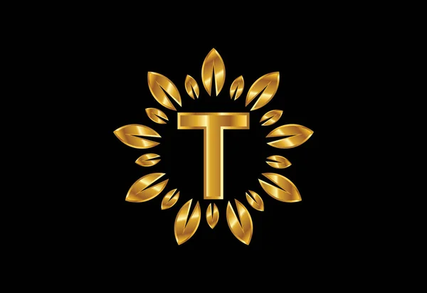 Initiële Monogram Letter Alfabet Met Gouden Blad Krans Flower Logo — Stockvector