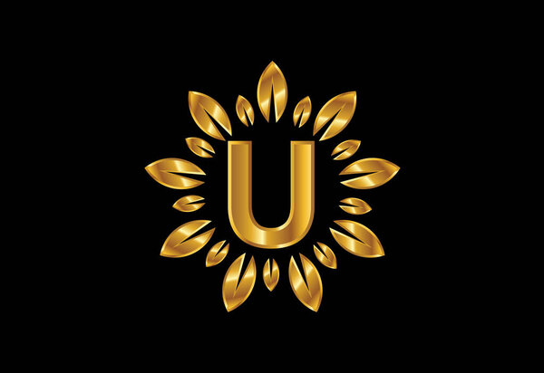Initial U monogram letter alphabet with golden leaf wreath.Flower logo design concept