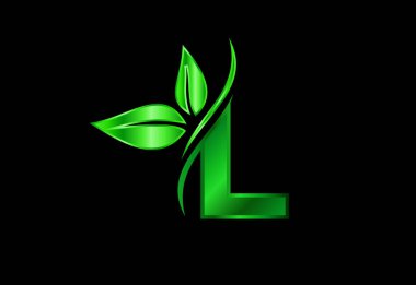 Baş harfleri L harfli, iki yapraklı alfabe. Yeşil çevre dostu logo konsepti. Ekolojik logo
